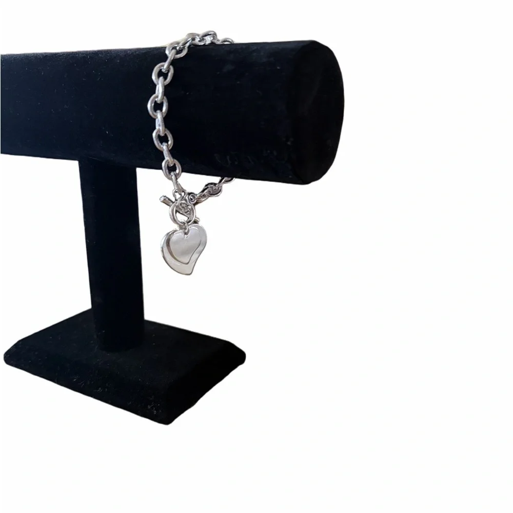 Silver Tone Toggle Bracelet with Heart Charm | Classic Chain Bracelet